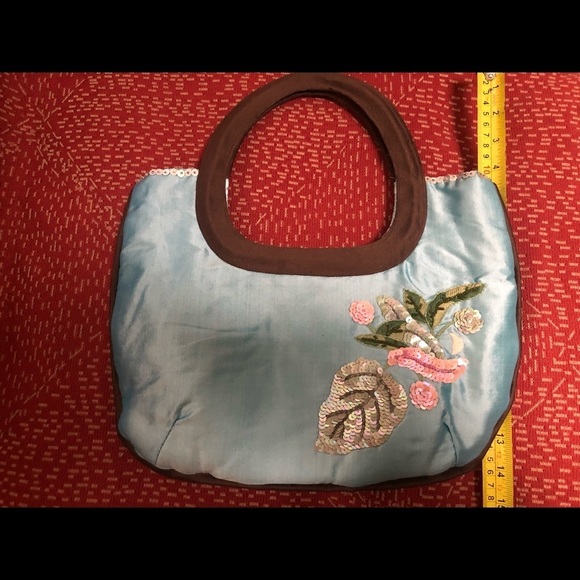 Tina & Frankie light blue satin bag with embroidery & bling outside pocket - Picture 6 of 8
